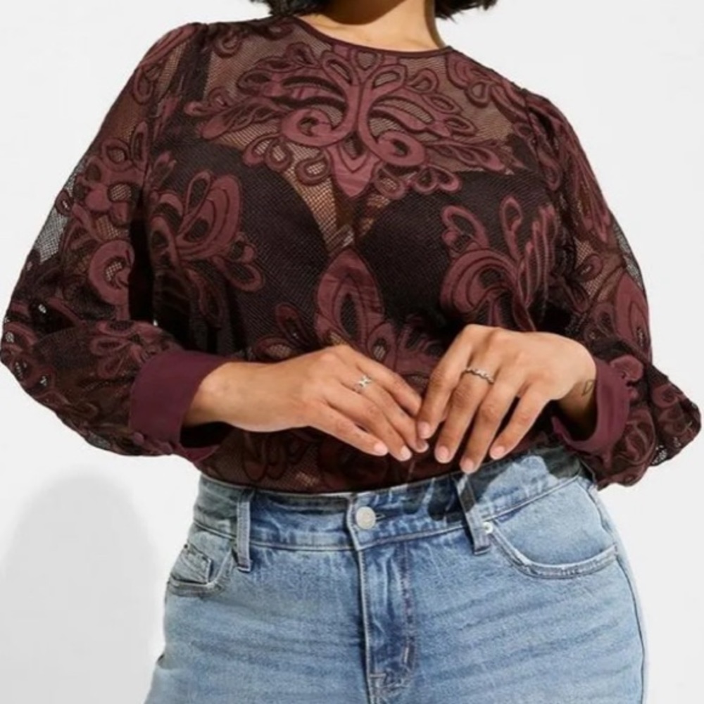 torrid mesh with embroidered long sleeve blouse sassafras 3X